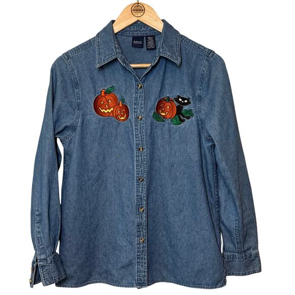Halloween VTG Denim Shirt Jack-O-Lanterns Black Cat Embroidered Unisex Small - Picture 1 of 10